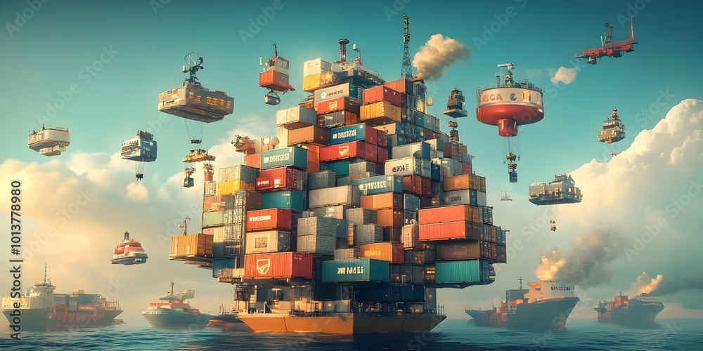 Poster towering modular cargo container ships navigating through intricate global logistics networks powere