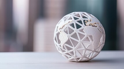 A 3D printed globe design showcasing modern architecture and global connectivity, set against a stylish background.