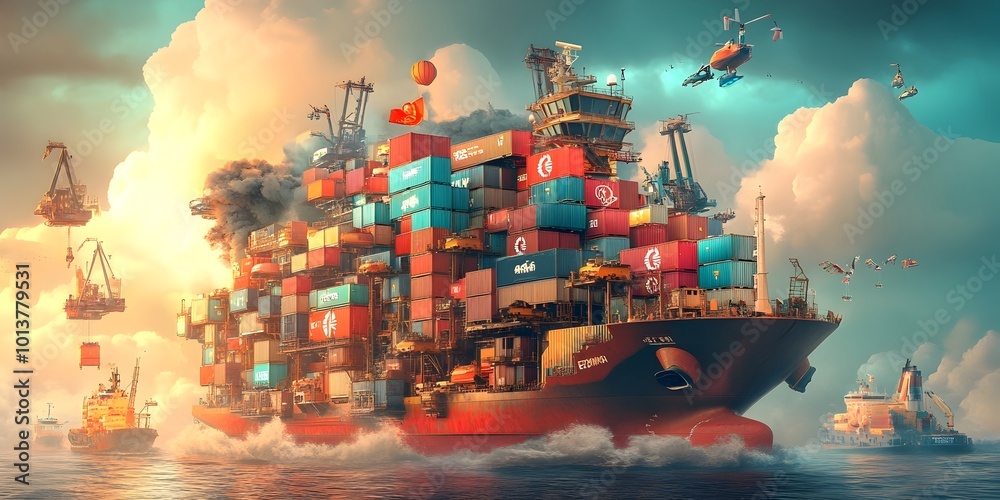 Poster futuristic modular cargo container ships towering autonomous systems and ai driven logistics algorit