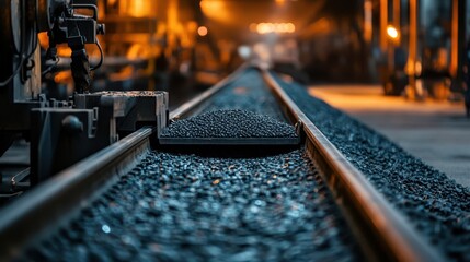 A conveyor belt transporting raw materials through a factory, conveyor belt production, factory efficiency