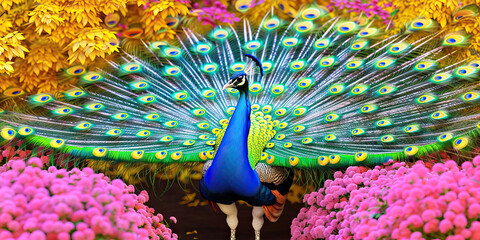 Obraz premium A regal peacock displaying its iridescent blue and green tail feathers amidst a garden of vibrant pink and yellow flowers.