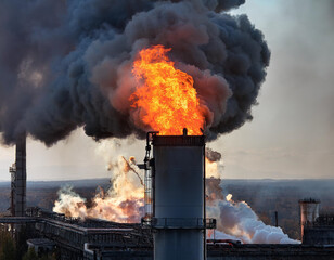 flames and smoke coming out of an industrial chimney, pollution
