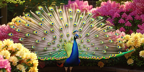 Obraz premium A regal peacock displaying its iridescent blue and green tail feathers amidst a garden of vibrant pink and yellow flowers.