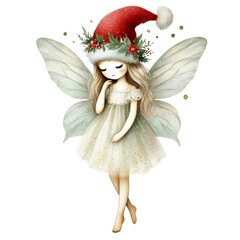 Fototapeta premium Christmas fairy wearing Santa hat with holly decoration. Watercolor illustration isolated on transparent background.