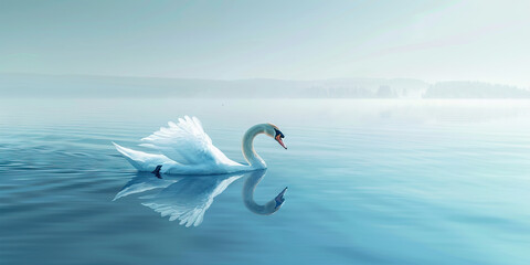 Obraz premium A graceful swan gliding across a calm lake, its pure white feathers reflecting the cool blue of the water.
