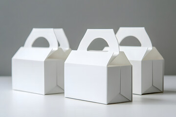 Two white cardboard boxes, one is rectangular and the other has a rounded corners design, with a handle on top of it, front view, grey background design, product photography design