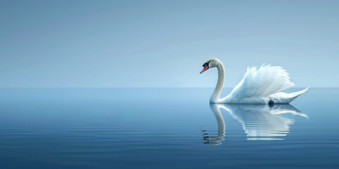 Obraz premium A graceful swan gliding across a calm lake, its pure white feathers reflecting the cool blue of the water.