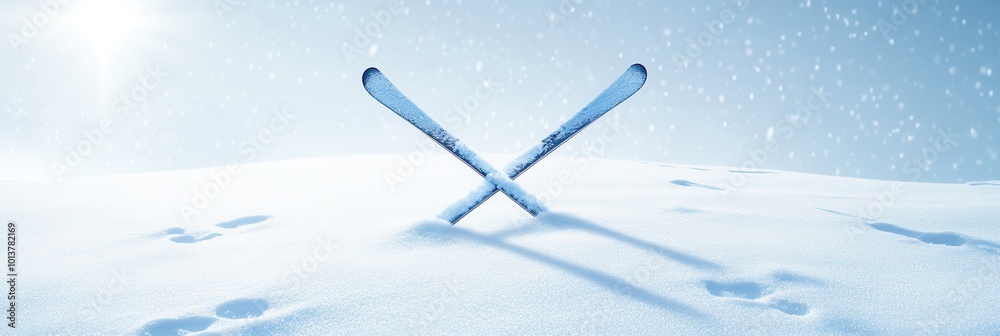 Poster two skis are crossed on a snow-covered surface, surrounded by soft snowflakes in a peaceful mountain