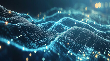 Abstract neon futuristic digital wallpaper with flow mesh wave with blue bokeh dots on black background. depicting: future technology, cloud storage, cyberspace and cybersecurity concepts