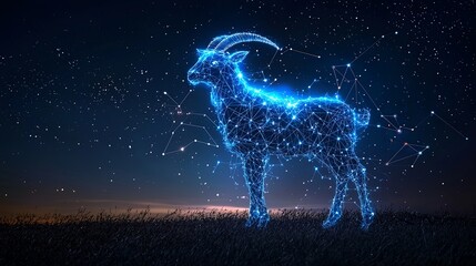 A sparkling digital goat, composed of interconnected lines and points, stands within an expansive constellation web, showcasing technological beauty and cosmic awe.