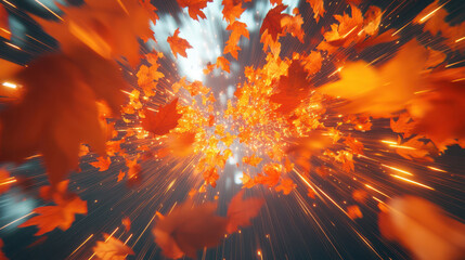 joyful explosion of 3D fall leaves flying outward with vibrant colors and dynamic motion, creating sense of excitement and energy in autumn atmosphere