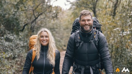 Fototapeta premium Smiling couple enjoying a hike through a forest, wearing outdoor gear and backpacks.