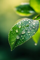 Closeup of Dew Drops on Green Leaf with Soft Focus Background