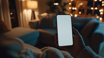 A close-up of a mobile phone being held by a person in a home living room. The blank white screen is clearly visible, with cozy home decor in the background, featuring soft lighting from a floor lamp