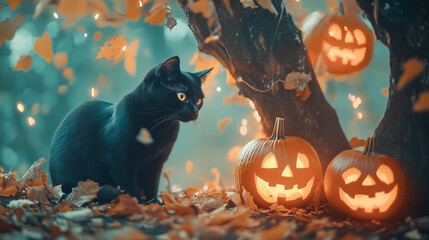 Naklejka premium A black cat under a spooky autumn tree with glowing jack-o-lanterns and falling leaves, Halloween atmosphere