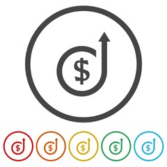 Dollar increase icon. Set icons in color circle buttons