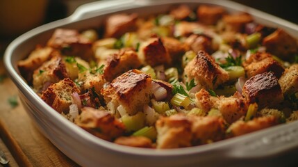 A savory stuffing made with crusty bread, onions, celery, and a blend of herbs, baked to golden perfection