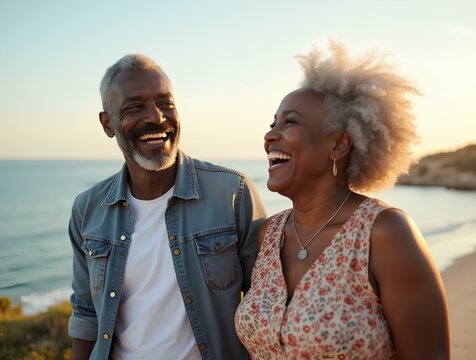 Senior African American couple laughing and listening to music on the coast, romance happy relationship in ocean joyful active old husband and wife relaxing in sunny day together  