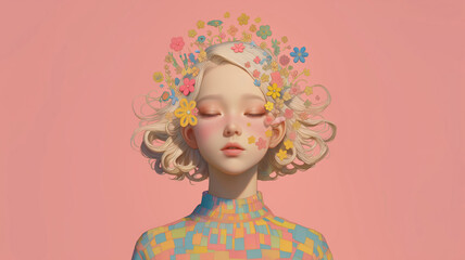 Fototapeta premium Surreal Portrait of a Girl with Vibrant Abstract Elements on Pink Background