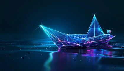 Digital Creativity and Modern Design Concept, digital origami paper boat in low poly design on a blue background, creativity, simplicity, and the fusion of tradition with digital innovation.
