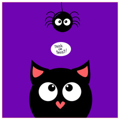 Happy Halloween. trick or treat Black cat face head silhouette looking up to hanging on dash line web spider insect. Cute cartoon vector character.
