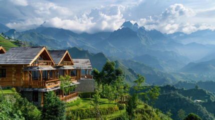 An eco-friendly mountain resort with sustainable practices, offering stunning views of the surrounding peaks