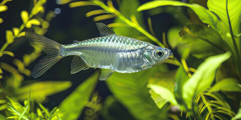 A shimmering silver fish swimming in a tank at an aquarium vet's office, surrounded by lush greenery.