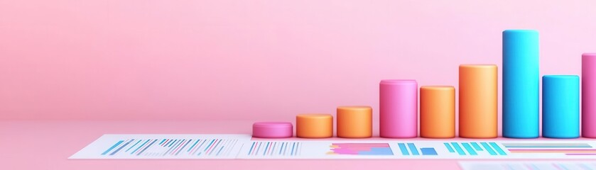 Colorful bar graphs on a pink background, showcasing data analysis and growth trends in a modern, minimalistic design.