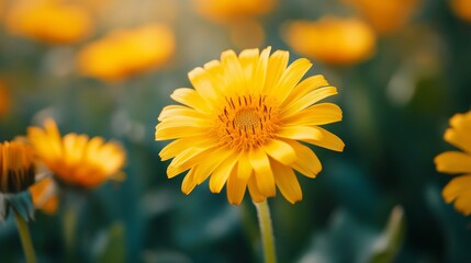 Obraz premium A single yellow daisy stands out against a field of blurred yellow daisies.