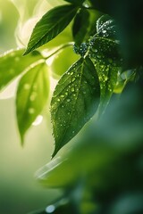 Closeup of Dew Drops on Lush Green Leaves in Sunlight, Nature Macro Photography