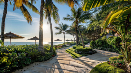 Fototapeta premium A beachfront luxury hotel with landscaped gardens, tall palms, and private cabanas, offering a tropical paradise