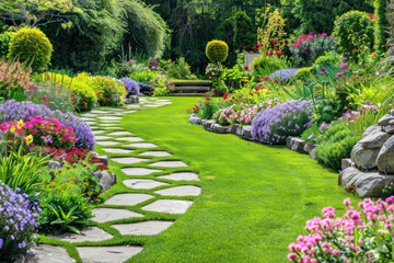 Obraz premium A beautiful English garden with colorful flowers, manicured hedges, and classic stone pathways