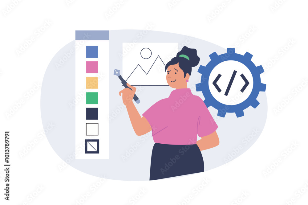 Poster design development concept in modern flat design for web. woman prototyping wireframe layout, coding