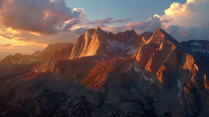 Fototapeta premium A breathtaking mountain range at sunset, with the last rays of light casting a golden hue on the peaks