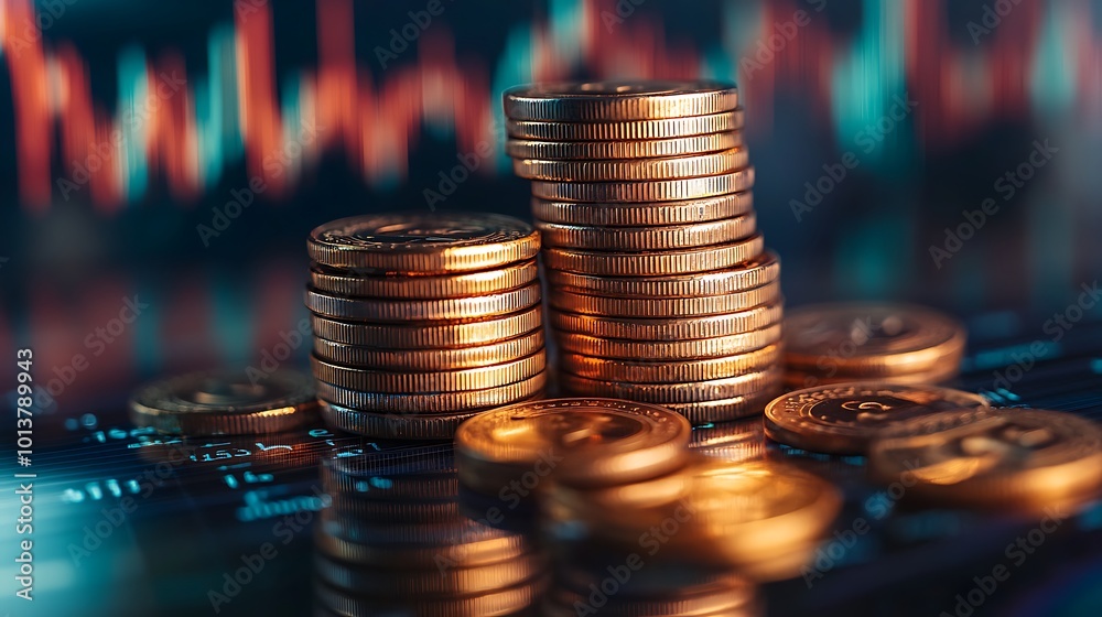Aufkleber a close-up of stacks of coins reflecting golden hues, with a vibrant trading graph in the background