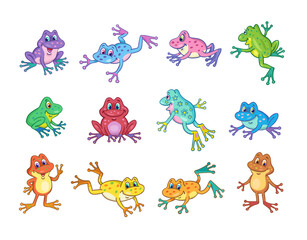 Obraz premium Set of twelve colorful cute frogs. Isolated on white background. Vector cartoon illustration.