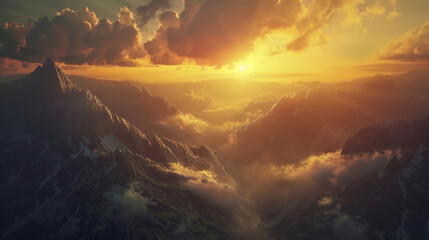 Obraz premium A breathtaking sunset over a rugged mountain landscape, with rolling clouds and deep shadows