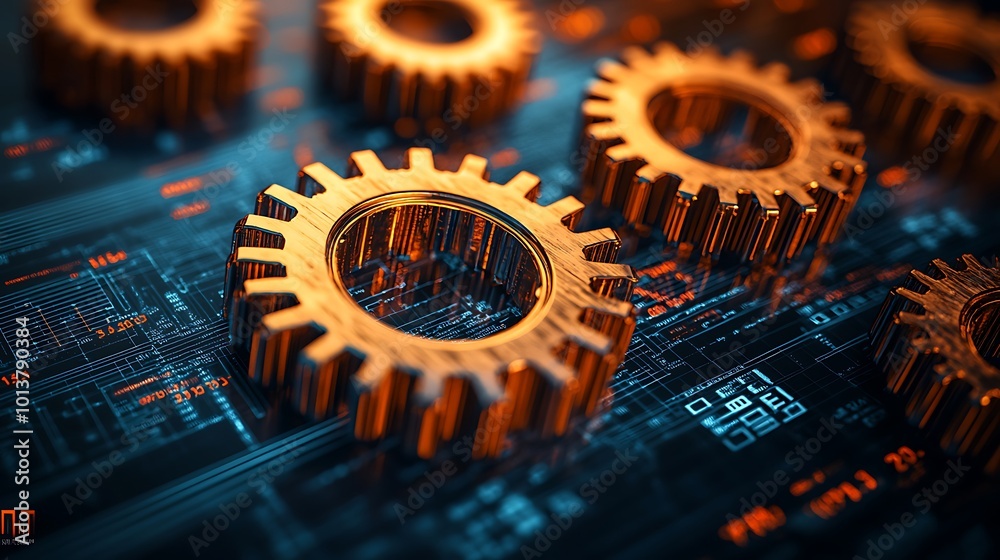 Poster A close-up of metallic gears on a digital circuit background, symbolizing technology and innovation in engineering and automation.