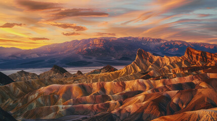 A breathtaking view of a mountain range at sunset, with warm colors painting the sky and valleys