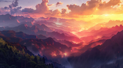 Obraz premium A breathtaking view of a mountain range at sunset, with warm colors painting the sky and valleys