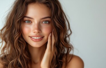 Obraz premium Beautiful Smiling Woman with Curly Hair Touching Her Face