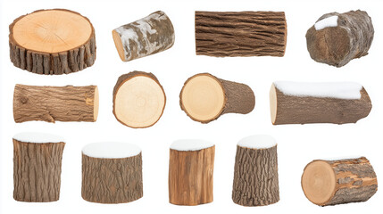 Set of cut wood logs isolated on a white background, wood texture 