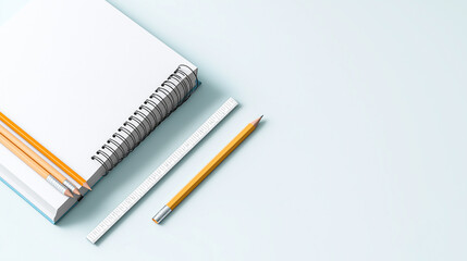 Fototapeta premium simple workspace featuring spiral notebook, yellow pencils, and ruler, perfect for studying or creative projects. clean layout inspires productivity and focus