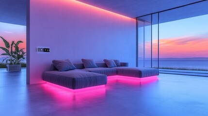 Modern living room featuring sleek furniture and integrated smart lighting with a stunning sunset view