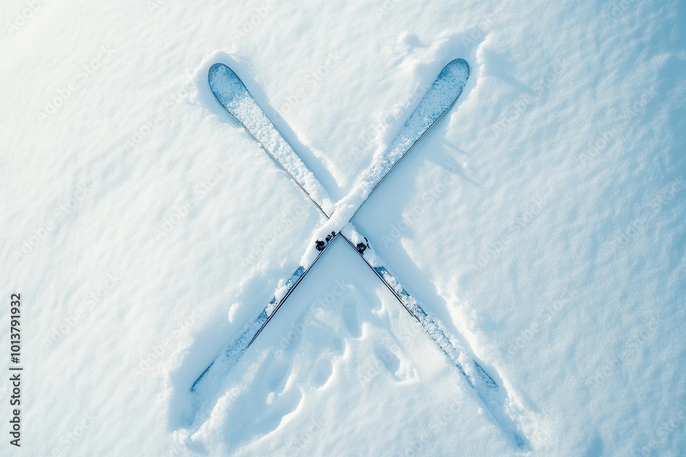 Poster Crossed skis rest on a pristine layer of snow, creating a serene winter setting perfect for skiing activities and enjoyment. Generative AI