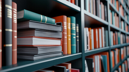Colorful textbooks and stacked books fill shelves, creating vibrant and inviting atmosphere for readers. organized arrangement showcases variety of titles and colors