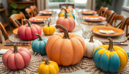 A collection of colorful painted pumpkins decorates a rustic dining table. Capturing the essence of autumn, this scene is perfect for seasonal celebrations and creative home decor.

