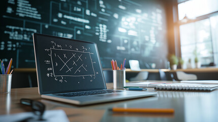 laptop displaying math equation on chalkboard background, surrounded by stationery items in modern workspace. atmosphere is focused and creative, ideal for learning or brainstorming