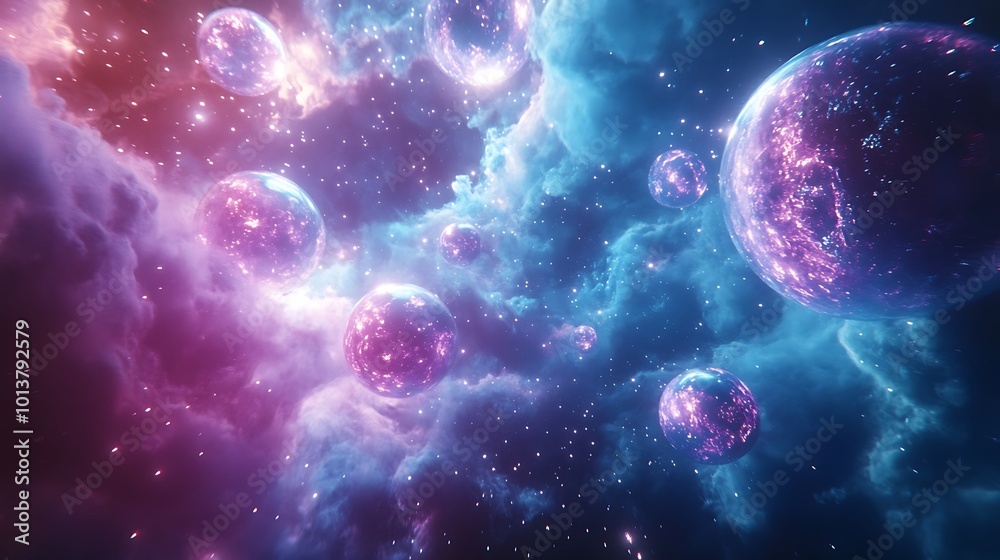 Poster a vibrant cosmic scene featuring colorful planets surrounded by swirling nebulae and starry backgrou