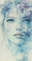 Fototapeta premium Beautiful woman with flowers in her hair, ink and watercolor illustration, pastel colors